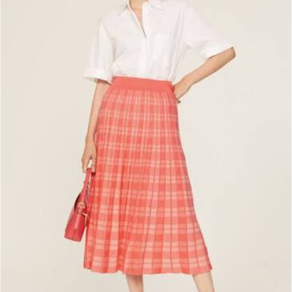 NWOT kate spade Coral Plaid Pleated Maxi Skirt